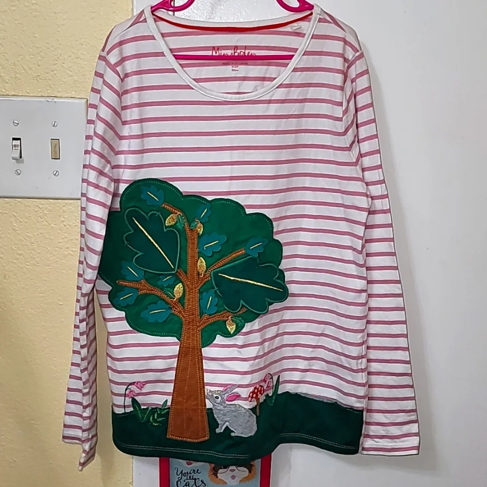 Mini Boden girls top size 11-12 tree bunny striped pullover cute embroidery - Picture 1 of 6